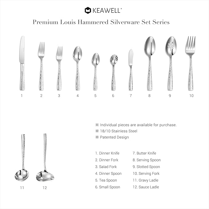 KEAWELL Premium 4-Piece 8.3" Louis Hammered Dinner Fork Set, 18/10 Stainless Steel, Squared Edge with Smooth Rounded Edges for Comfort, Dishwasher Safe (4, 8.3" Dinner Fork)