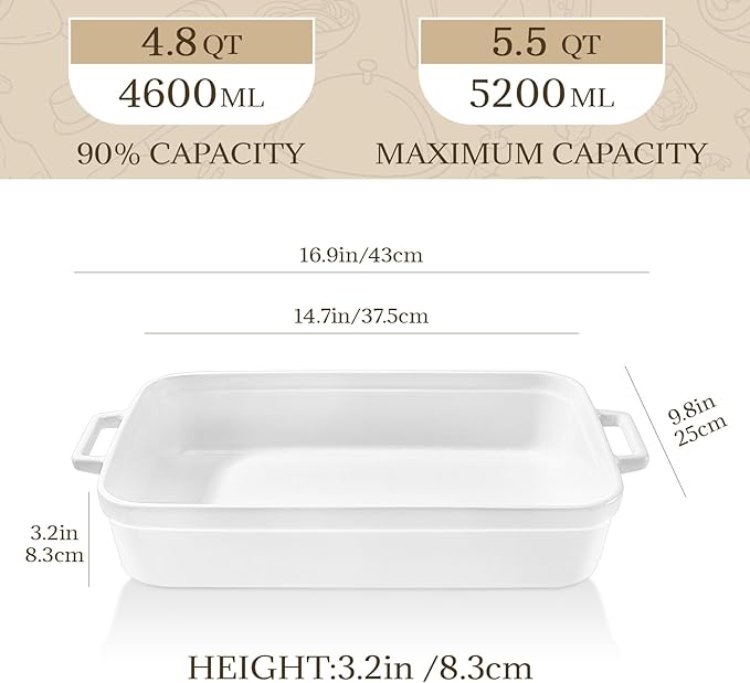 Casserole Dish,Large Baking Dish Cookware,Deep Lasagna Pan for Oven,Ceramic Bakeware for Baking, Easy to Clean (White, 5.5 Quart,No Lid)