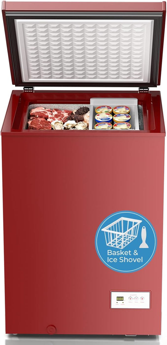 Antarctic Star Chest Freezer 3.2 Cubic Feet 14℉ to -40℉ Low Temperature Freezer with Removable Basket, Free Standing Top open Door Deep Freezer, Adjustable Temperature for Home, Basement, Kitchen, Red