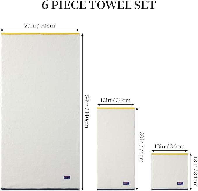 REDKISS 6 Pack Cotton Towel Set with Luxury Embellished Border, 600 GSM Ultra Soft & Highly Absorbent Bath Towels Set with 2 Bath, 2 Hand, 2 Washcloths for Bathroom, Gym, Spa, Hotel, White