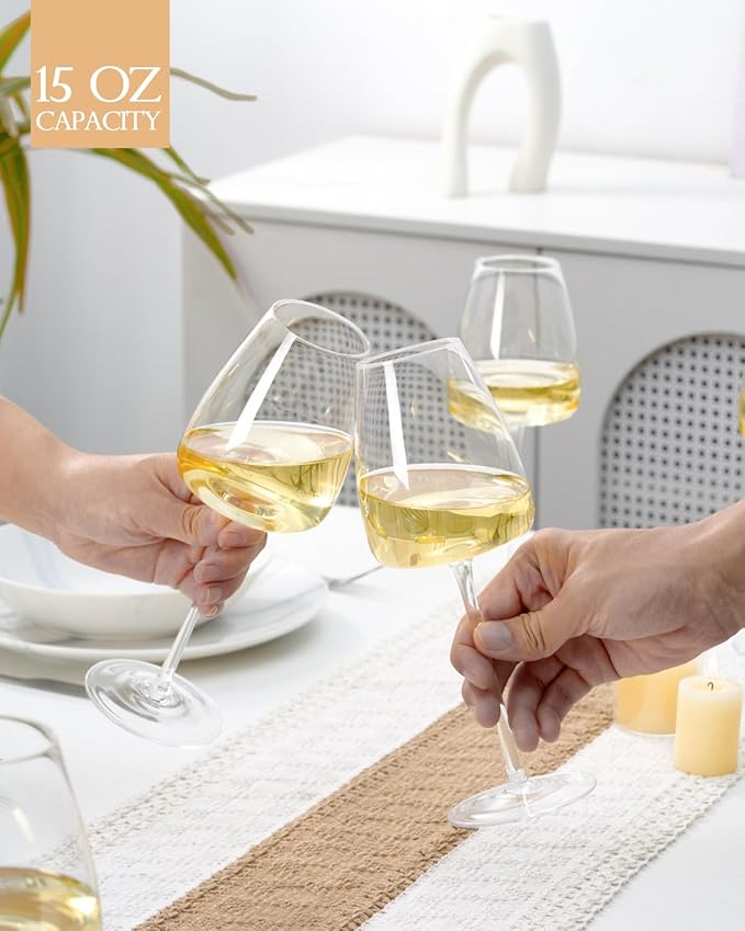 White Wine Glasses Set of 6, 15oz Crystal Wine Glasses for Red, White Wine, Long Stem Crystal Glasses with Unique Bottom Design, 440ml