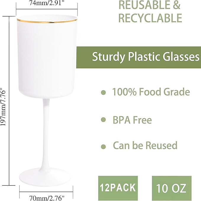Ciaell 12 Pack White Plastic Wine Glasses with Stem - 10 Oz White and Gold Disposable Wine Glasses for Parties & Christmas & Weddings & Poolside & Toasting & Outdoors & New Year