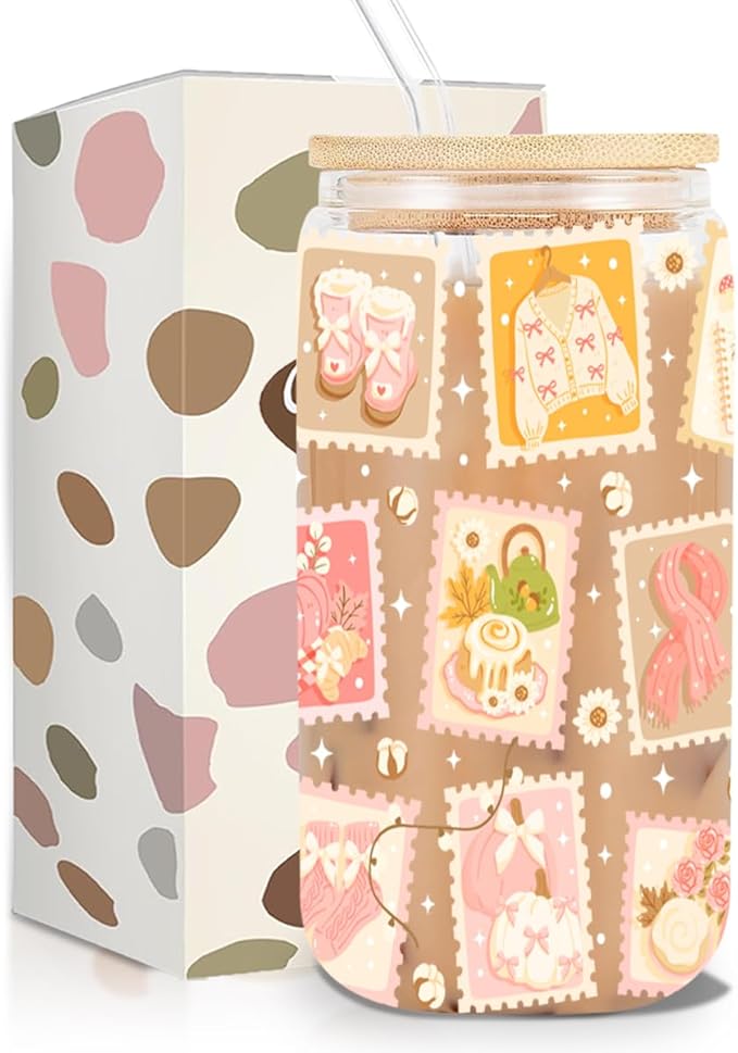 Fall Postage Stamp Iced Coffee Cup, Thanksgiving Aesthetic Glass Tumbler, 16 oz Autumn Coffee Glass Cup with Lid Straw, Boo Basket Stuffers, Halloween Thanksgiving Gifts for Women Teen Girls