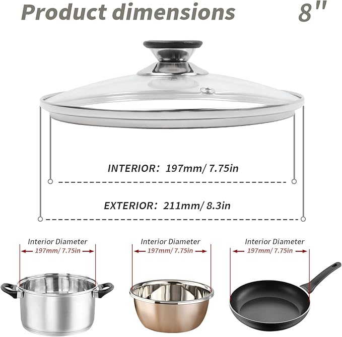 8" Tempered Glass Pan Lid with Steam Vent, Thickened to 4mm and Dishwasher Safe and Oven up to 480℉, Universal Lid Fit for Cast Iron Skillets, Frying Saute Pan, Cooking Pot