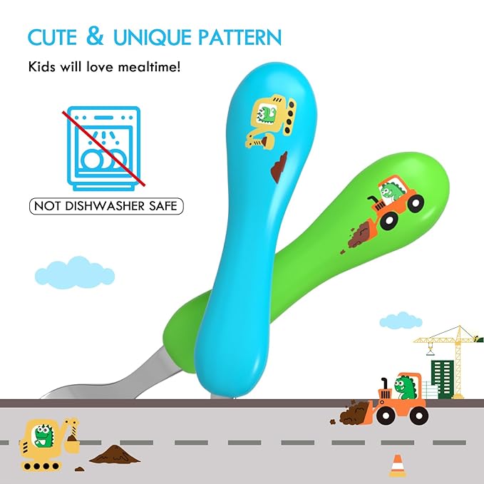 Lehoo Castle 6 Pieces Toddler Utensils, Kids Silverware for 2 3 4 Years Old, Stainless Steel Fork and Spoon Set with Plastic Handle, Safe Toddler Cutlery (Dinosaur)