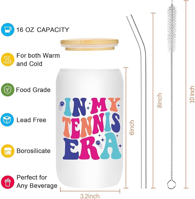 Tennis Gifts for Women, Iced Coffee Cup, Tennis Party Decorations, 16 oz Coffee Glass Cups with Lids Straws, Tennis Accessories, Tennis Stuff, Christmas Gifts for Women Coach Tennis Lovers Teams