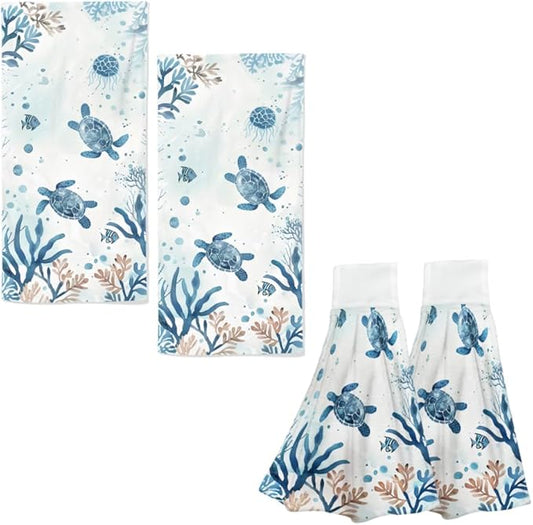 Sea Turtle Hand Towels Bundle 4 Packs Ocean Beach Hand Towels Decorative Coastal Hanging Kitchen Towels for Home Bathroom Spa Dish Washcloth Soft Tropical Coastal Fingertip Towels