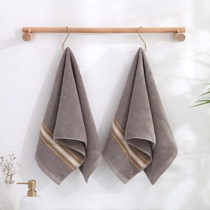 YiLUOMO Hand Towels Textured Striped Pattern 100% Cotton Soft Highly Absorbent Hand Towel for Bathroom 13 x 29 Inch (Brown, 2-Pack)