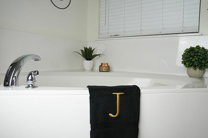 Black, Letter Hand Towel for Bathroom - Monogrammed Initial Hotel Quality Decorative Embroidered Towel for Powder Room, Spa - GOTS Organic Certified - Pack of 2, Letter J