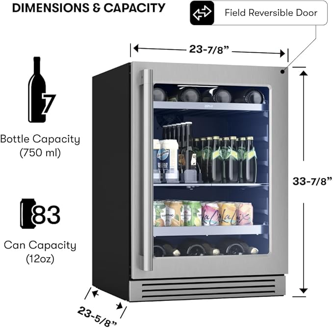 Zephyr 24" Wine Fridge & Beverage Refrigerator Single Zone Under Counter - Mini Wine Cooler Cellars Small Beer Fridge Cabinet Drink Chiller Freestanding Wine Beverage Cooler, 7 bottles,112 cans