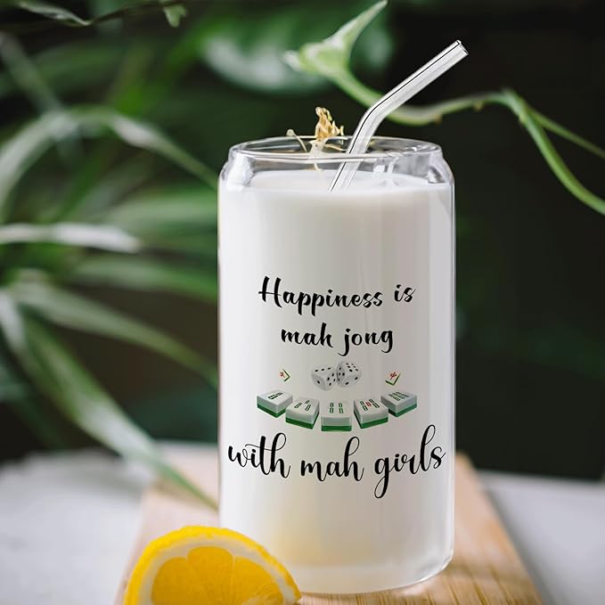 Mahjong Player Gifts Glass Cup with Lids and Straws 14oz, Mah Jong Gifts for Women, Mahjong Tiles Accessories Glass Iced Coffee Tumbler Drinking Jars with Cleaning Brush