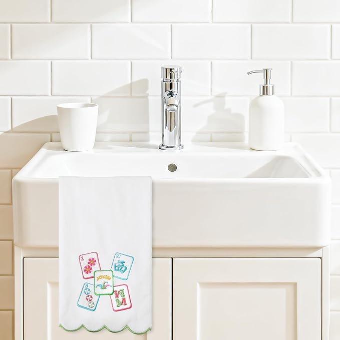 2Pcs Mahjong Scalloped Hand Towels Mah Jong Embroidered Cotton Bathroom Towels Decorative Dish Towel for Home Bathroom Kitchen Decor Mahjong Lover Gifts, 15.7x27.6 Inch