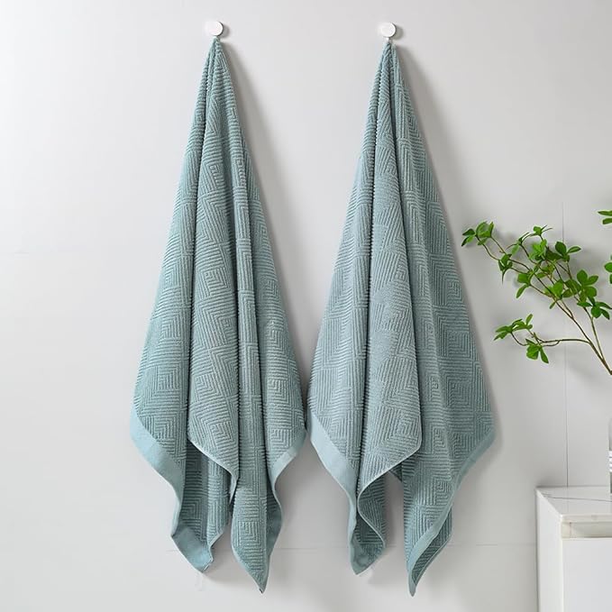 sense gnosis Sage Green Bath Towel Set of 2 Striped Weave 100% Cotton Super Soft Highly Absorbent Summer Bath Towels for Bathroom 27x 55 Inch