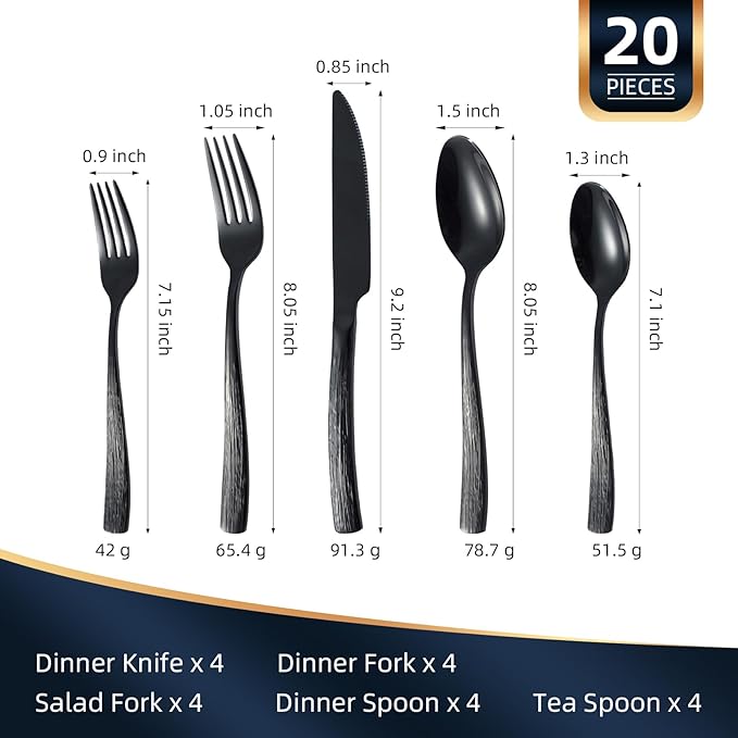 20-Piece Black Silverware Set for 4, CITESANA Heavy Duty Stainless Steel Flatware Set with Ripple Handles, Mirror Polished Kitchen Cutlery Set