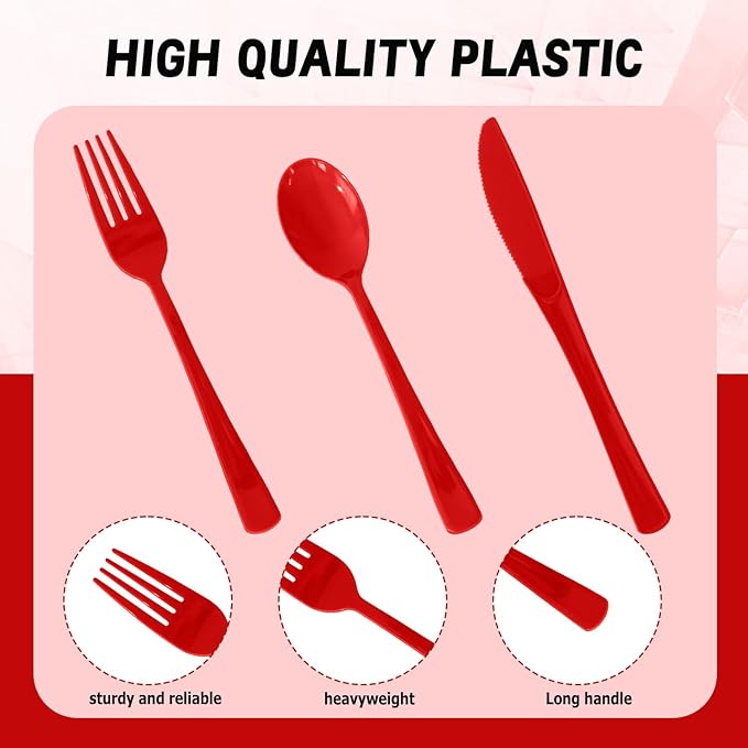 150 Pack Disposable Plastic Silverware, Heavy Duty Red Plastic Cutlery Set Includes 50 Forks 50 Knives 50 Spoons for Birthday Wedding Party Picnics (150, Red)