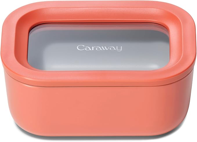 Caraway Mini Rectangle Food Storage Container - 2.6 Cup Glass Storage Container for Food - Non-Toxic Ceramic-Coated Glass - Air Release Technology - Compact & Stackable Design - Perracotta