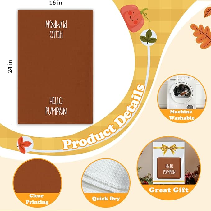 Hello Pumpkin Fall Kitchen Towels,16x23.5 Inch Microfiber Waffle Weave Halloween Kitchen Towels, Autumn Thanksgiving Decor, Seasonal Fall Decorations for Bathroom-C03