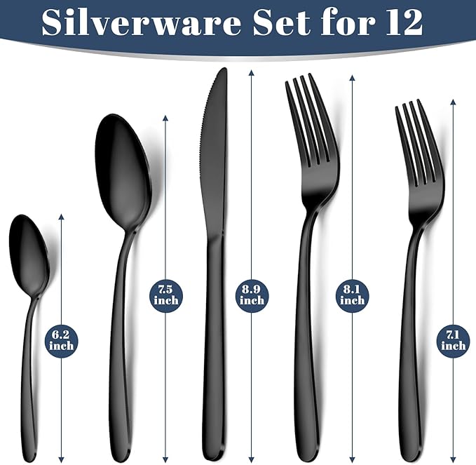 Black Silverware Set - 60PCS Stainless Steel Silverware Set for 12, Includes Forks Spoons and Knives, Utensil Sets for Home Kitchen Restaurant, Dishwasher Safe