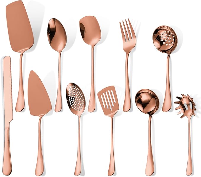 Copper Serving Utensils Set - Rose Gold Stainless Steel Flatware Set 11- Pieces Cake Knife Serving Fork Spoon Skimmer Pasta Ladle Spatula Perfect for Home Kitchen and Special Occasions