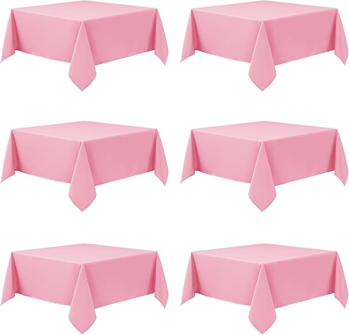 6-Pack Pink Tablecloths for Square Tables, 54 x 54 Inches, Stain-Resistant Polyester Fabric for 2 Foot Tables - Washable Table Covers for Weddings, Banquets, Birthday Parties, Events