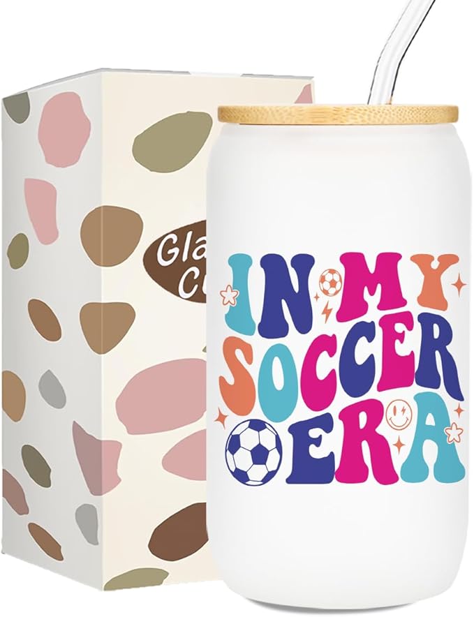 Soccer Gifts for Girls, Iced Coffee Cup, 16 oz Glass Cups with Lids Straws, Soccer Accessories, Birthday Christmas Gifts for Women Mom Coach Players Teams, Party Favors