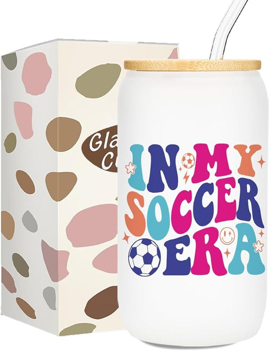 Soccer Gifts for Girls, Iced Coffee Cup, 16 oz Glass Cups with Lids Straws, Soccer Accessories, Birthday Christmas Gifts for Women Mom Coach Players Teams, Party Favors