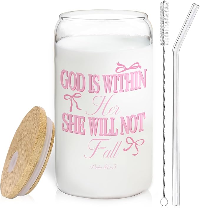 Coquette Pink Bow Christian Glass Cup with Lids and Straws 14oz, Bible Verse Gifts, God is Within Her She Will Not fall Scripture Glass Coffee Tumbler Drinking Jars with Cleaning Brush
