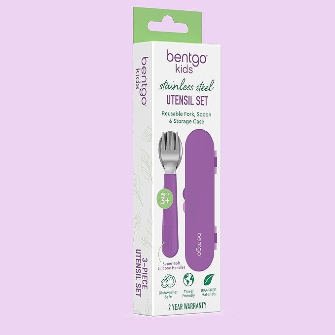 Bentgo® Kids Stainless Steel Utensil Set - Reusable Fork, Spoon & Storage Case - High-Grade BPA-Free Stainless Steel, Easy-Grip Handles, Dishwasher Safe for School Lunch, Travel & Outdoors (Purple)