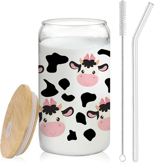 Cute Cow Glass Cup Gifts with Lids and Straws 14oz, Cow Print Gifts for Cow Lovers, Cow Print Stuff Glass Coffee Tumbler Drinking Jars with Cleaning Brush
