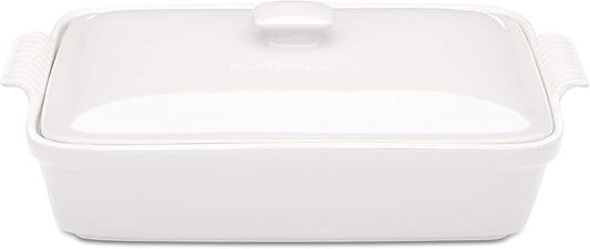 Stoneware Casserole Dish Bakeware Set with Lid, Covered Rectangular Dinnerware, Extra Large 4.23 Quart, 13 by 9 Inch, Bianco [White]