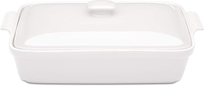 Stoneware Casserole Dish Bakeware Set with Lid, Covered Rectangular Dinnerware, Large 3.2 Quart, 11 by 9 Inch, Bianco [White]