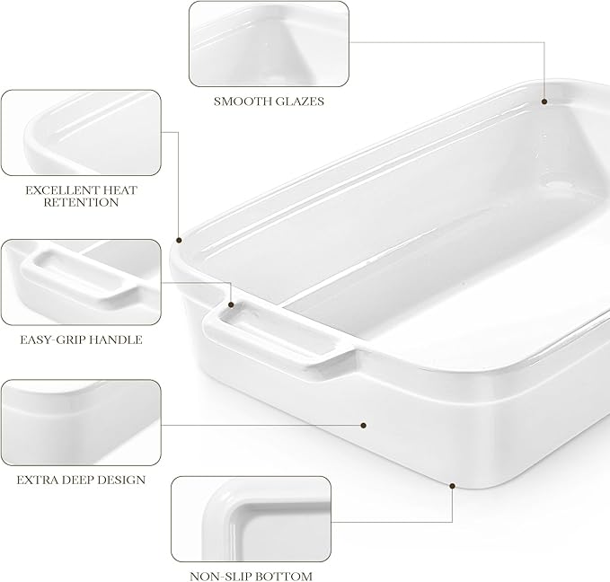 Casserole Dish,Large Baking Dish Cookware,Deep Lasagna Pan for Oven,Ceramic Bakeware for Baking, Easy to Clean (White, 5.5 Quart,No Lid)