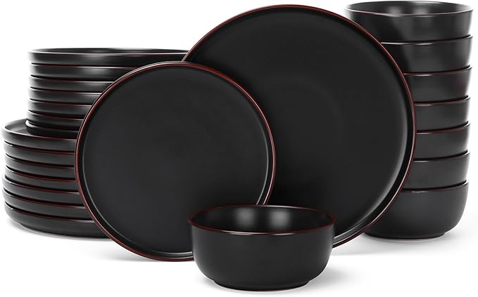 Famiware Mercury 24 Pieces Dinnerware Sets, Plates and Bowls Sets for 8, Microwave and Dishwasher Safe Dish Set, Matte Black