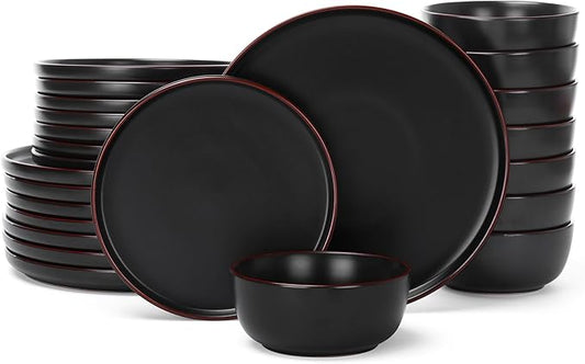 Famiware Mercury 24 Pieces Dinnerware Sets, Plates and Bowls Sets for 8, Microwave and Dishwasher Safe Dish Set, Matte Black