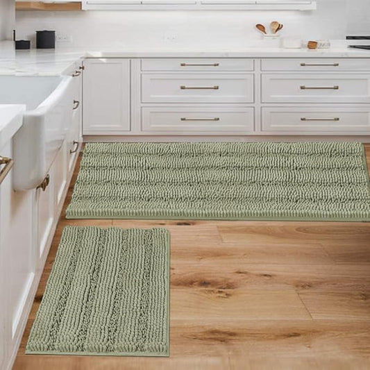 H.VERSAILTEX Bathroom Rug Sets 2 Piece Bath Mats Non Slip Thick Soft Chenille Striped Bath Rug achine Washable Shower Floor Rugs for Tub, Shower and Floor (Eucalyptus Green, 47" x 17"/17" x 24")