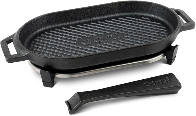 ooni Cast Iron Grizzler Pan - Grill Frying Pan, 12" x 6" Griddle Plate with Removable Handle and Stainless Steel Trivet, Pre-Seasoned Non-Stick Oven Safe Cookware, Pizza Oven and BBQ Accessories