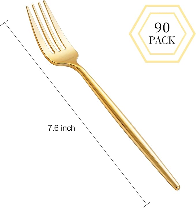 I00000 90 Pcs Gold Plastic Forks,Gold Disposable Utensils, Disposable Heavy Duty Plastic Forks Heat Resistant Perfect for Parties,Wedding,Dinners