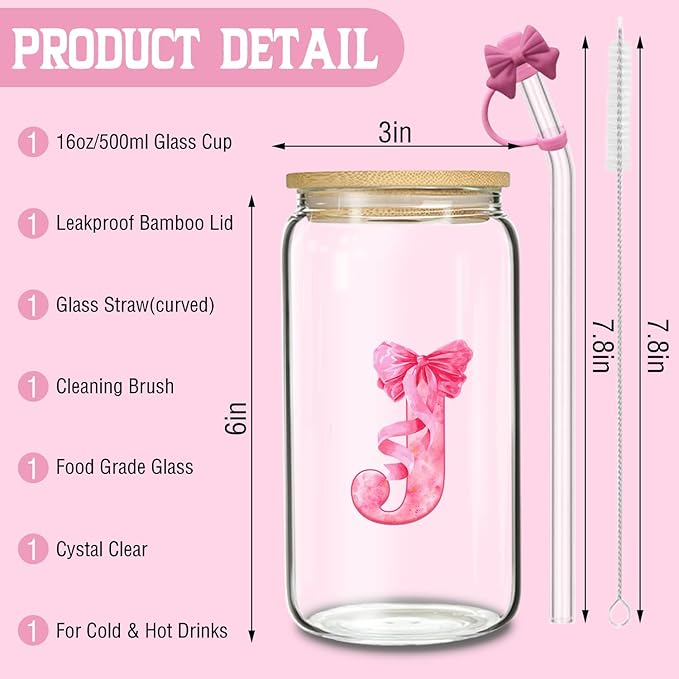 Aesthetic Gifts for Women, Initial J Tumbler 16oz Pink Glass Cup with Lid Straw - Cute Coffee Bar Accessories with Cleaning Brush & Gift Box (J)