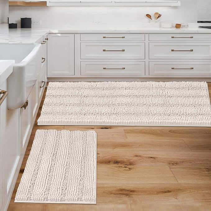 H.VERSAILTEX Extra Thick Striped Bath Rugs for Bathroom 2 Piece Bathroom Set Anti-Slip Bath Mats Soft Plush Shaggy Mat Living Room Bedroom Mat Floor Water Absorbent (Ivory, 47" x 17"/17" x 24")