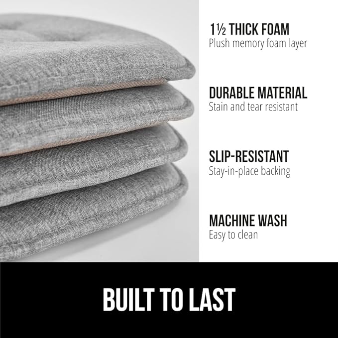 GORILLA GRIP Slip Resistant Tufted Chair Cushions, No Ties Required, Set of 6 Memory Foam Pads for Dining Room Kitchen Table, Office, Rocking Chairs, Plush Seat Cushion Pad, Home Decor, 16x17, Gray