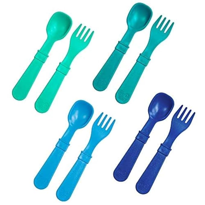 Re-Play Toddler Forks and Spoons Set - 4x4 Utensils Set for Kids - Dishwasher and Microwave Safe - Made in USA - Set of 8-5.8" x 1.2" x 0.2" - A True Blue