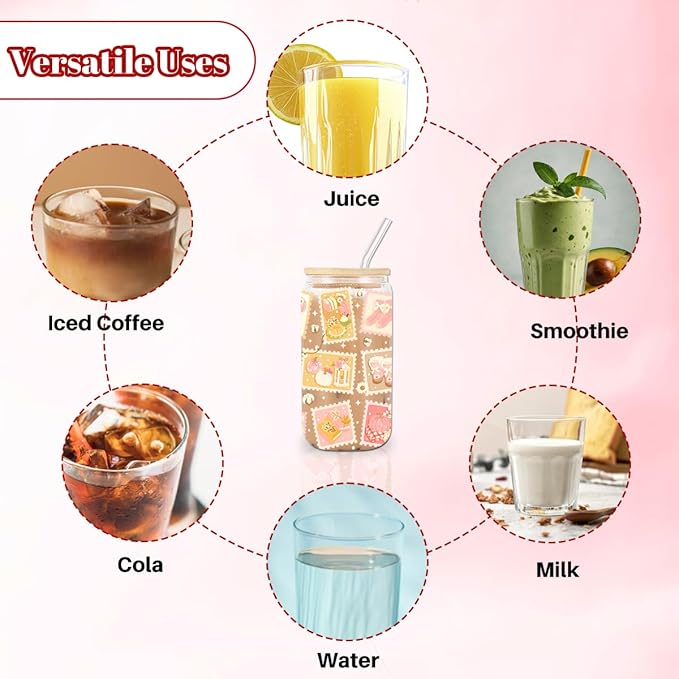 Fall Postage Stamp Iced Coffee Cup, Thanksgiving Aesthetic Glass Tumbler, 16 oz Autumn Coffee Glass Cup with Lid Straw, Boo Basket Stuffers, Halloween Thanksgiving Gifts for Women Teen Girls