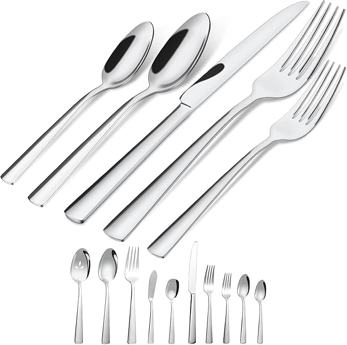 45-Piece Flatware Sets, Silverware Set for 8, Durable Stainless Steel Tableware in Ergonomic Design Size and Weight, Kitchen Utensils Set with Steak Knives, Rust-proof, Dishwasher Safe