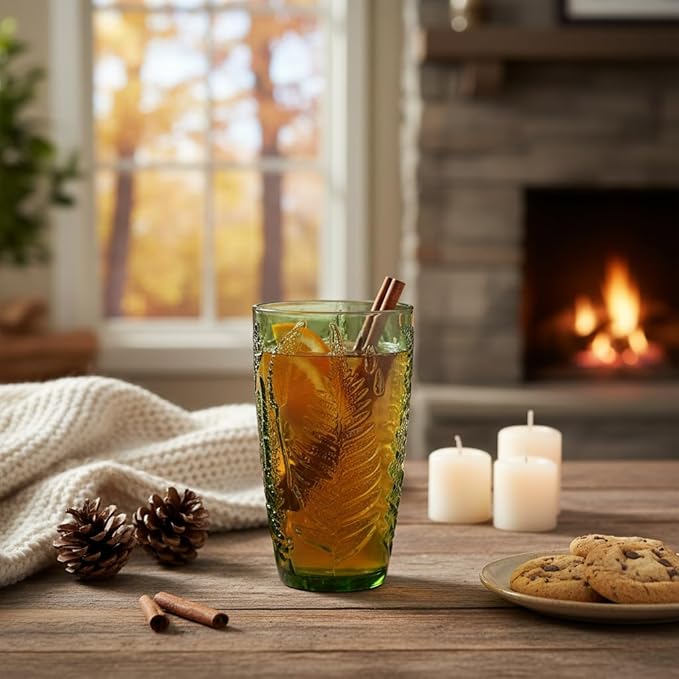 Vintage Green Drinking Glasses Set of 4, 16 oz Handcrafted Glass Tumblers, Heavy Textured Highball Cups, Fern Embossed Antique Colored Glassware, Retro Boho Aesthetic Drinkware, Housewarming Gift Set