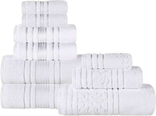 Superior Cotton 9 Piece Assorted Floral Towel Set, Includes 3 Bath, 3 Hand, 3 Washcloth/Face Towels, Quick Dry, Home Essentials, Shower, Spa, Luxury Plush Soft Absorbent Towels, Zero Twist, White