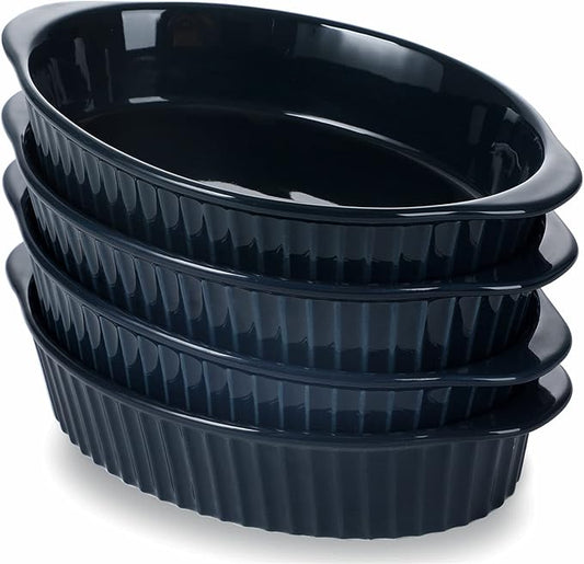 LEETOYI Porcelain Small Oval Au Gratin Pans,Set of 4 Baking Dish Set for 1 or 2 person servings, Bakeware with Double Handle for Kitchen and Home, Navy