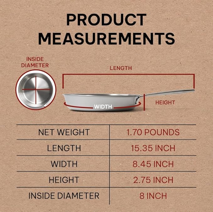 Alva Maestro Stainless Steel Frying Pan 8" - Oven Safe and Made without PFAS, PFOA & PTFE - Induction and All Stovetop Compatible with Even Heat Distribution