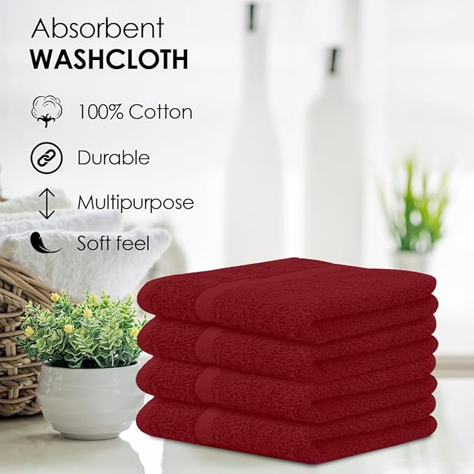 Avalon Towels Cotton Washcloths – (Pack of 36) Size 12x12 Inches, 100% Ring Spun Cotton, Soft & Absorbent Face Towels, Gym Towels, Hotel and Spa Quality, Reusable Fingertip Towels (Red)