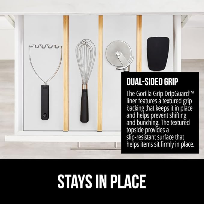 GORILLA GRIP DripGuard Shelf Liner, Non Adhesive Drawer and Kitchen Cabinet Protector, 24x240 Inch, Slip Resistant BPA Free Smooth Surface Plastic Liners for Cabinets, Bathrooms, Closets, White