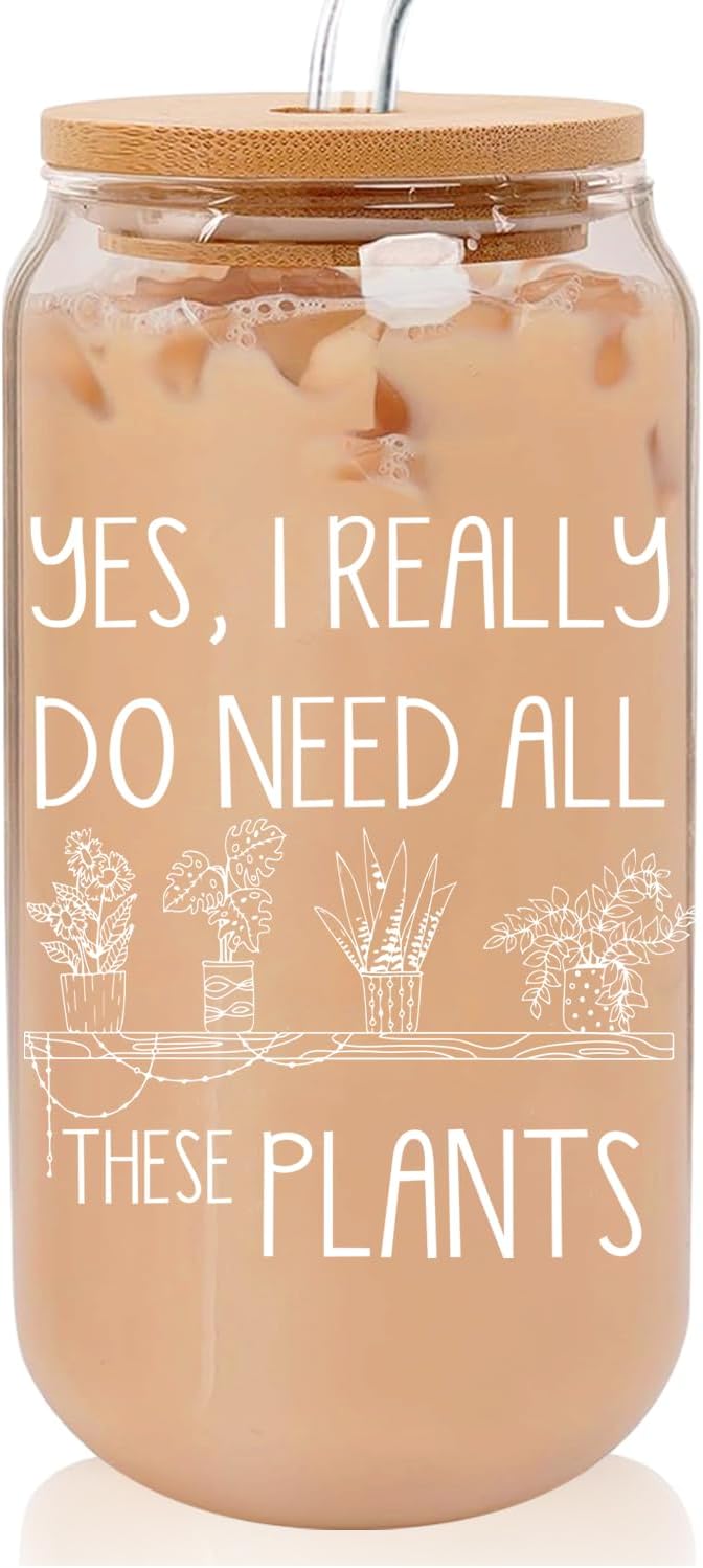 Plant Lover Gifts for Women Plant Themed Glass Cup with Lid and Straw Cute 16 Oz Plant Cup Plant Gifts for Plant Lovers Gifts for Gardeners Women Birthday Christmas Gifts for Plant Lady